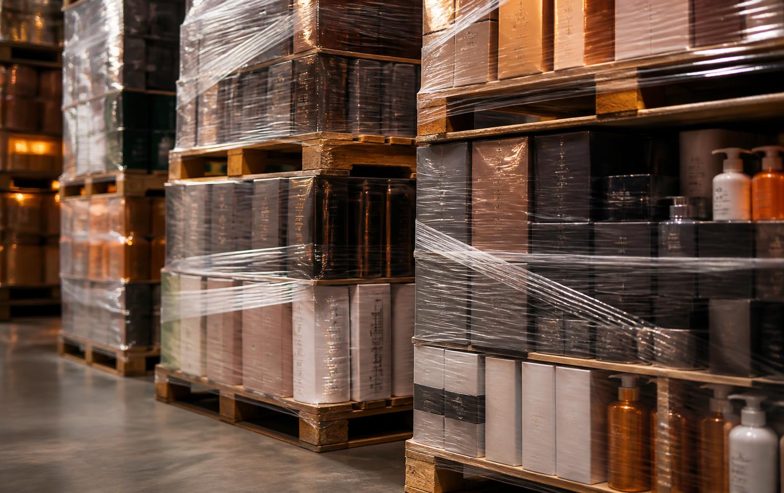 Ingesealde pallets met gestapelde dozen handelsgoederen in een magazijngang