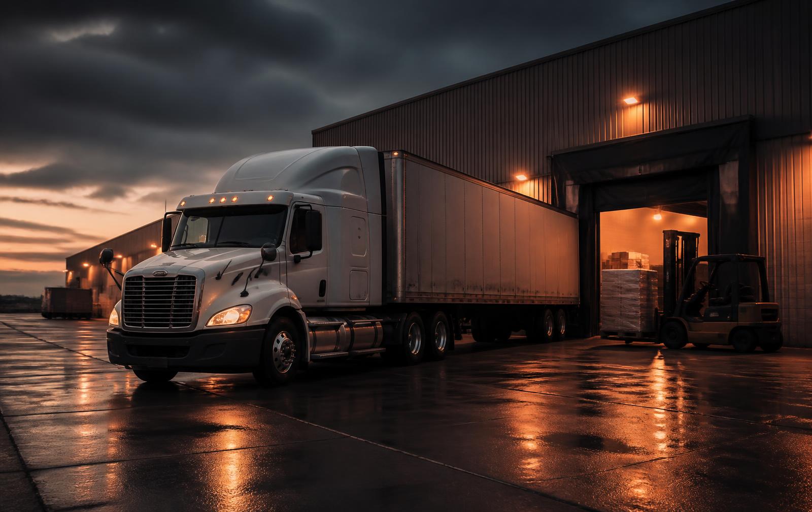 Vrachtwagen aan het laaddok van een magazijn met heftruck en pallets